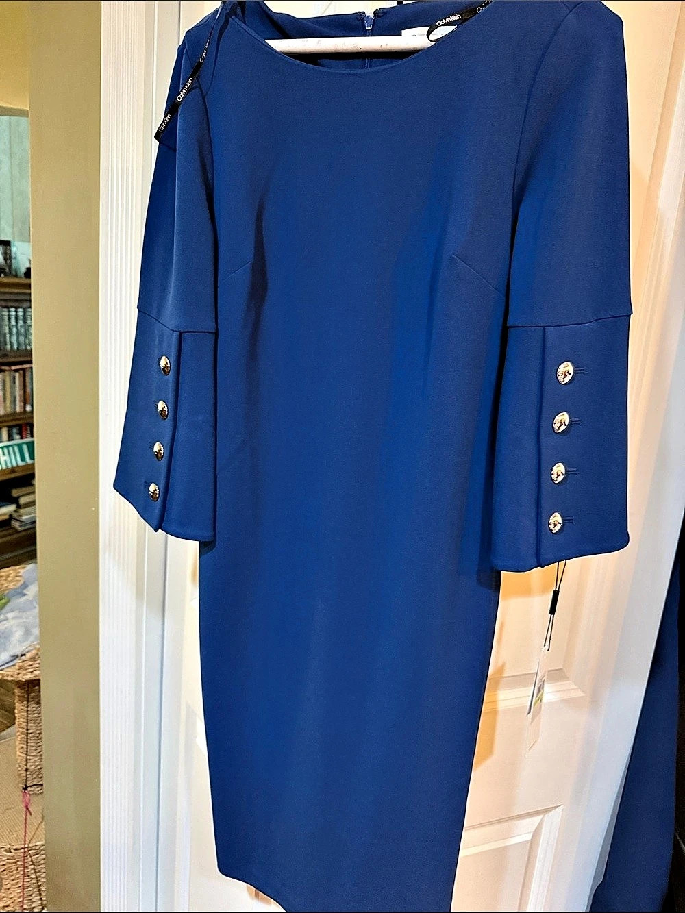 Calvin Klein Button-Embellished Bell Sleeve Crepe Sheath Dress Mini Dress Blue